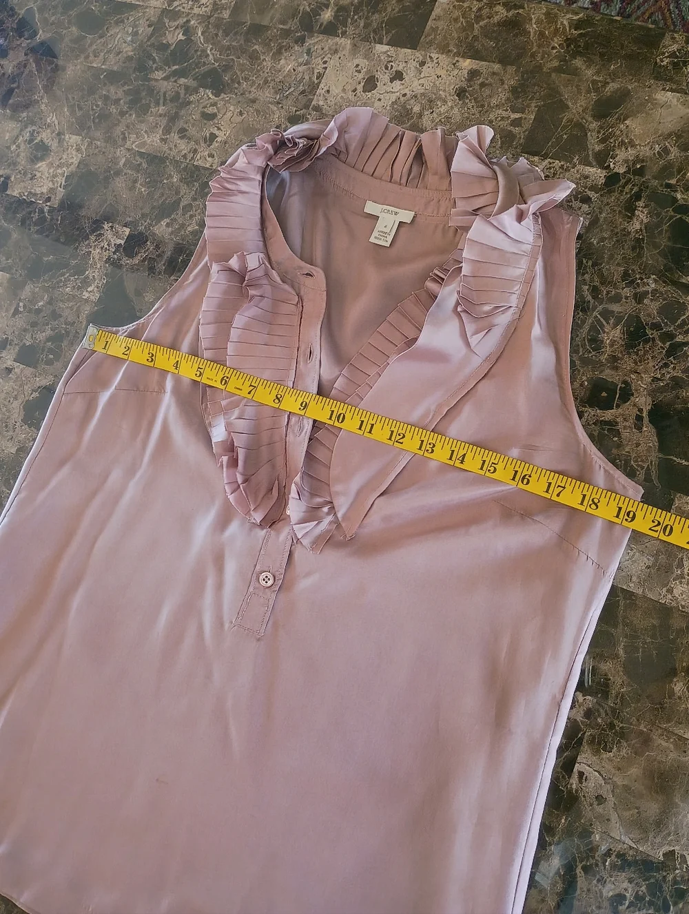 J. Crew 100% Silk Beige Tan Pink Mauve Ruffled Button Sleeveless Top Size 6 - Picture 15 of 16